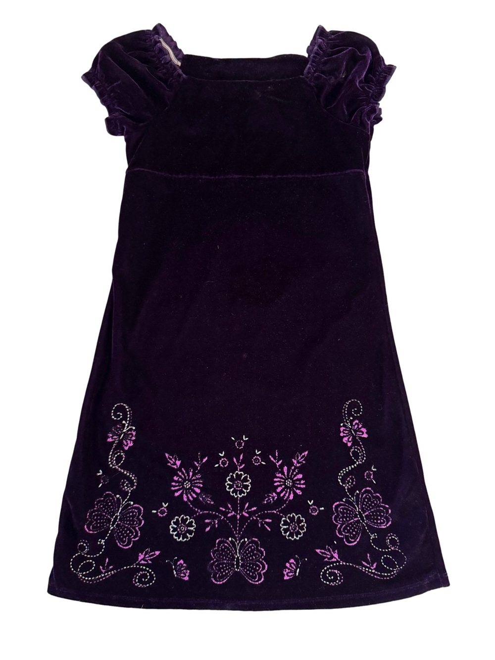 Girls Purple Velvet Short Sleeve Dress w/Floral Design!